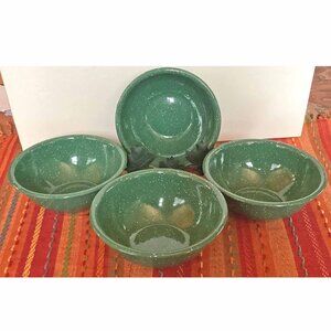 Enamelware 6" Bowls Four Dark Green Speckle EUC